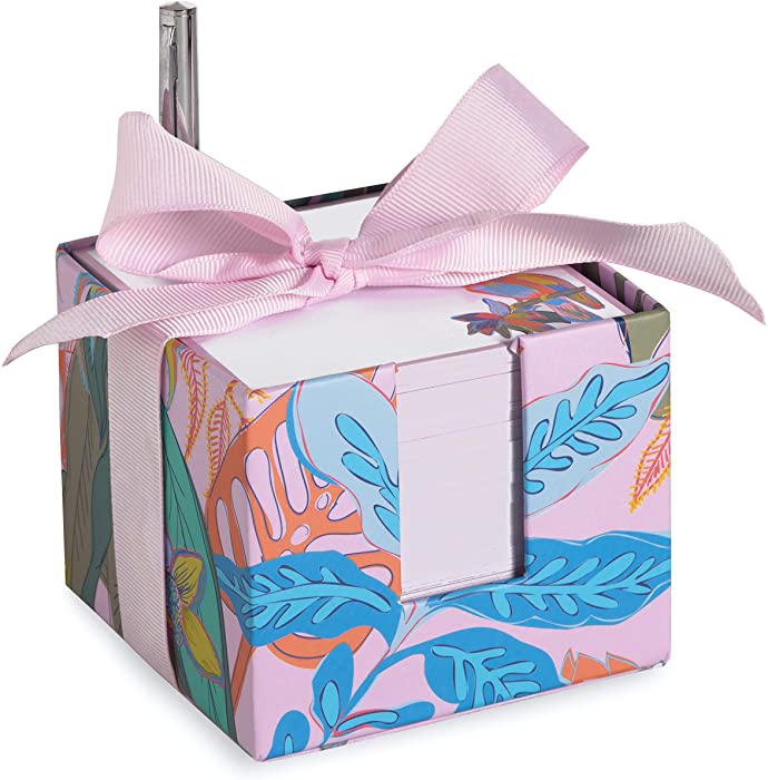 Vera Bradley Pink Note Cube with Black Ink Pen, 3.75" x 3.75" with 400 Sheets, Rain Forest Fauna