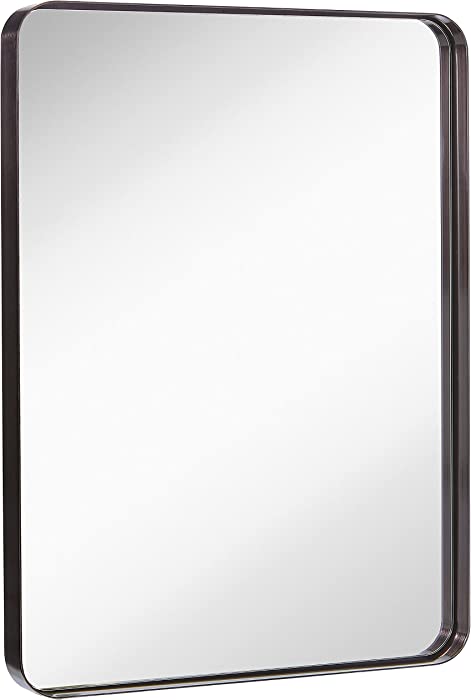 Hamilton Hills Contemporary Brushed Metal Wall Mirror | Glass Panel Black Framed Rounded Corner Deep Set Design | Mirrored Rectangle Hangs Horizontal and Vertical (24" x 36")