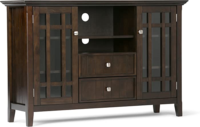 SIMPLIHOME Bedford SOLID WOOD Universal TV Media Stand, 53.9 inch Wide, Living Room Entertainment Center, Storage Cabinet with Glass Doors, for Flat Screen TVs up to 60 inches in Dark Tobacco Brown