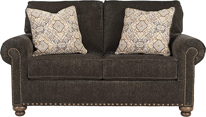 Signature Design by Ashley Stracelen New Traditional Loveseat with Nailhead Trim, Dark Brown