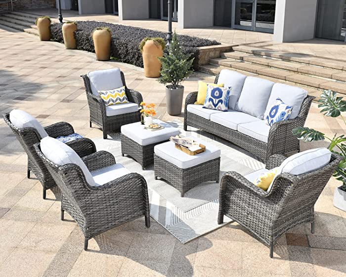 XIZZI Outdoor Furniture Patio Furniture Set 7 Pieces All Weather Wicker Patio Conversation with High Back Sofa Sectional and 2 Ottomans for Garden,Backyard and Deck,Grey Wicker Grey Cushion