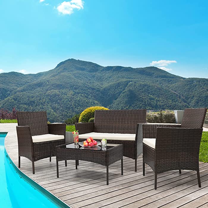Patio Furniture Set, 4 Pieces Wicker Rattan Table and Chairs Sofa Conversation Set Outdoor Furniture for Backyard Porch Garden Poolside Balcony Bistro