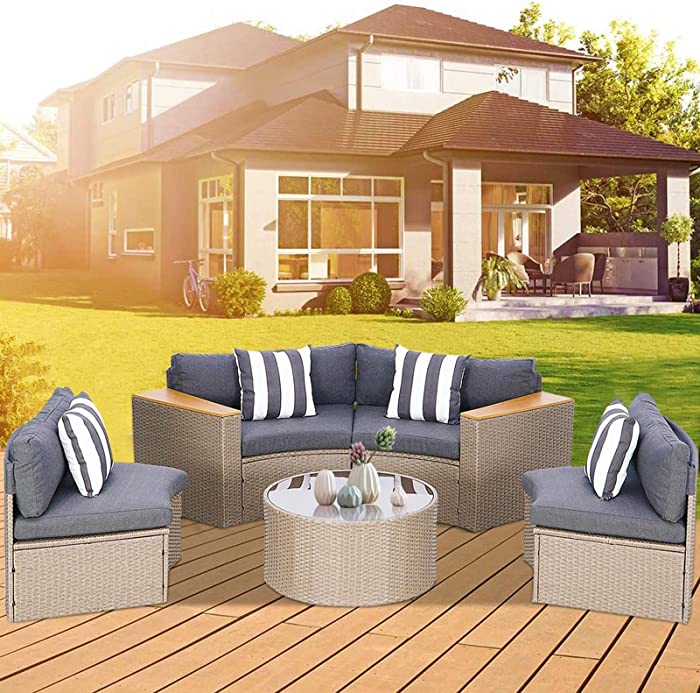 Incbruce Outdoor Half Moon Patio Furniture 7-Piece Curved Outdoor Sofa, All-Weather Outdoor Sectional Furniture Patio Conversation Sets with Round Tempered Glass Top Table and Cushions (Grey)
