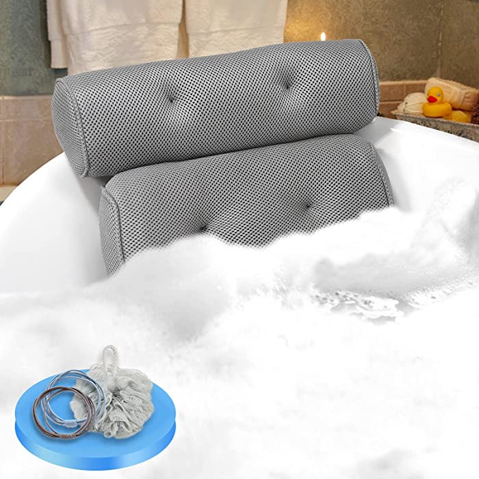 Bath Pillow for Tub, PJYban Bathtub Pillow with 6 Non-Slip Suction Cups for Head,Neck and Back Support, Extra Thick and Soft Air Mesh Spa Pillow for Bath, Machine Washable, fits All Bathtub