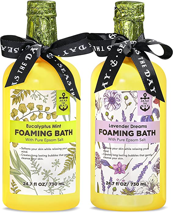 Bubble Bath for Women, 49.4 fl oz Foaming Bath with Pure Epsom Salt, Lavender and Eucalyplus Mint Scent, Spa Gifts Bath Set Relaxing for Women, Bath Sets for Women and Men Gift 2 Pack 24.7 fl oz