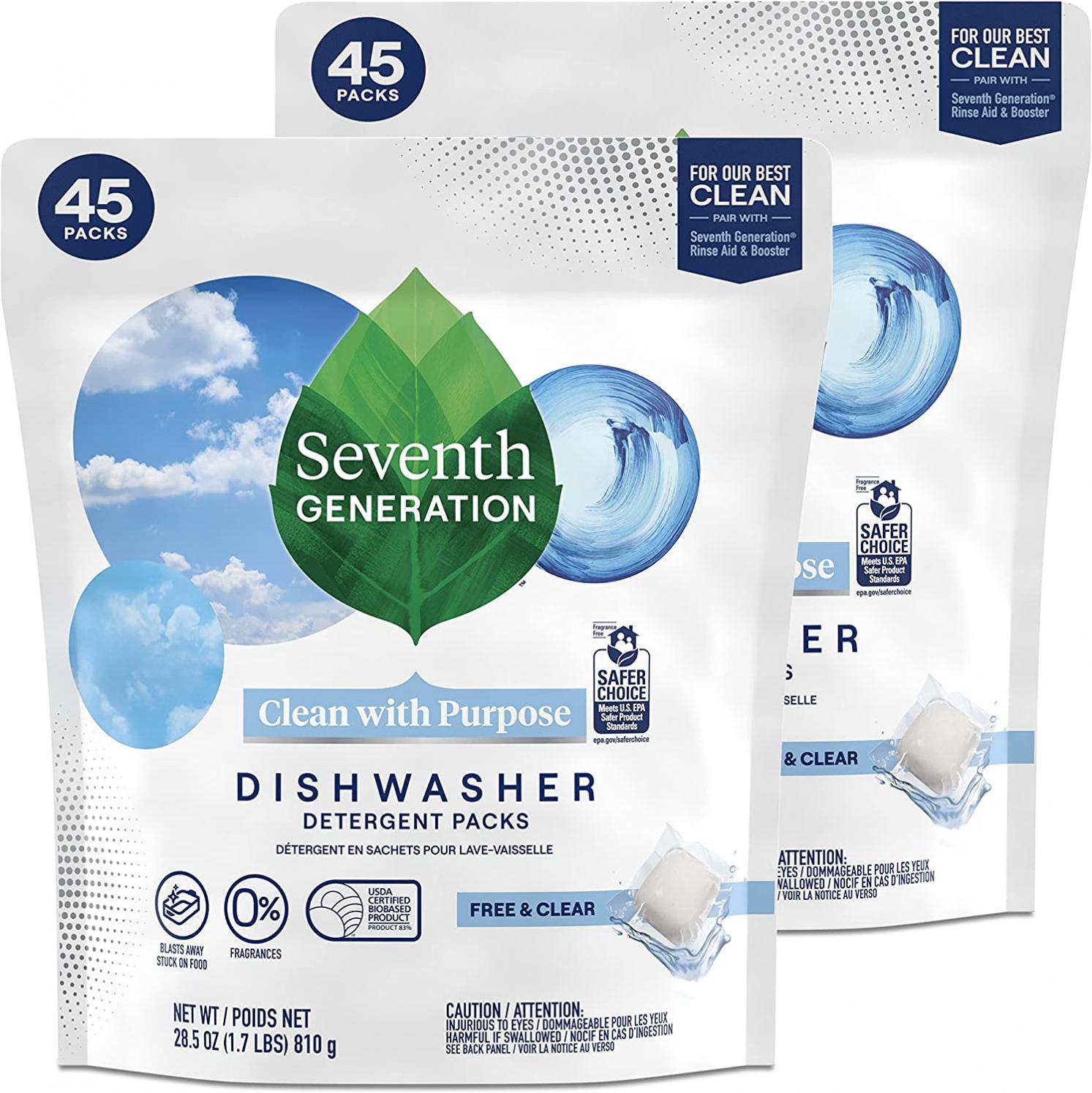 Seventh Generation Dishwasher Detergent Packs for Sparkling Dishes Free & Clear Dishwasher Tabs 45 Count, Pack of 2