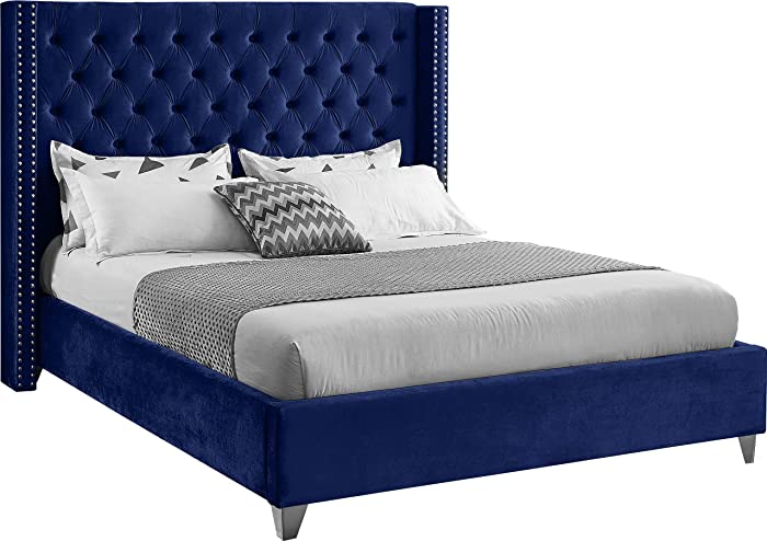 Meridian Furniture AidenNavy-K Aiden Collection Modern | Contemporary Velvet Upholstered Bed with Deep Button Tufting, Solid Wood Frame, and Custom Chrome Legs, King, Navy