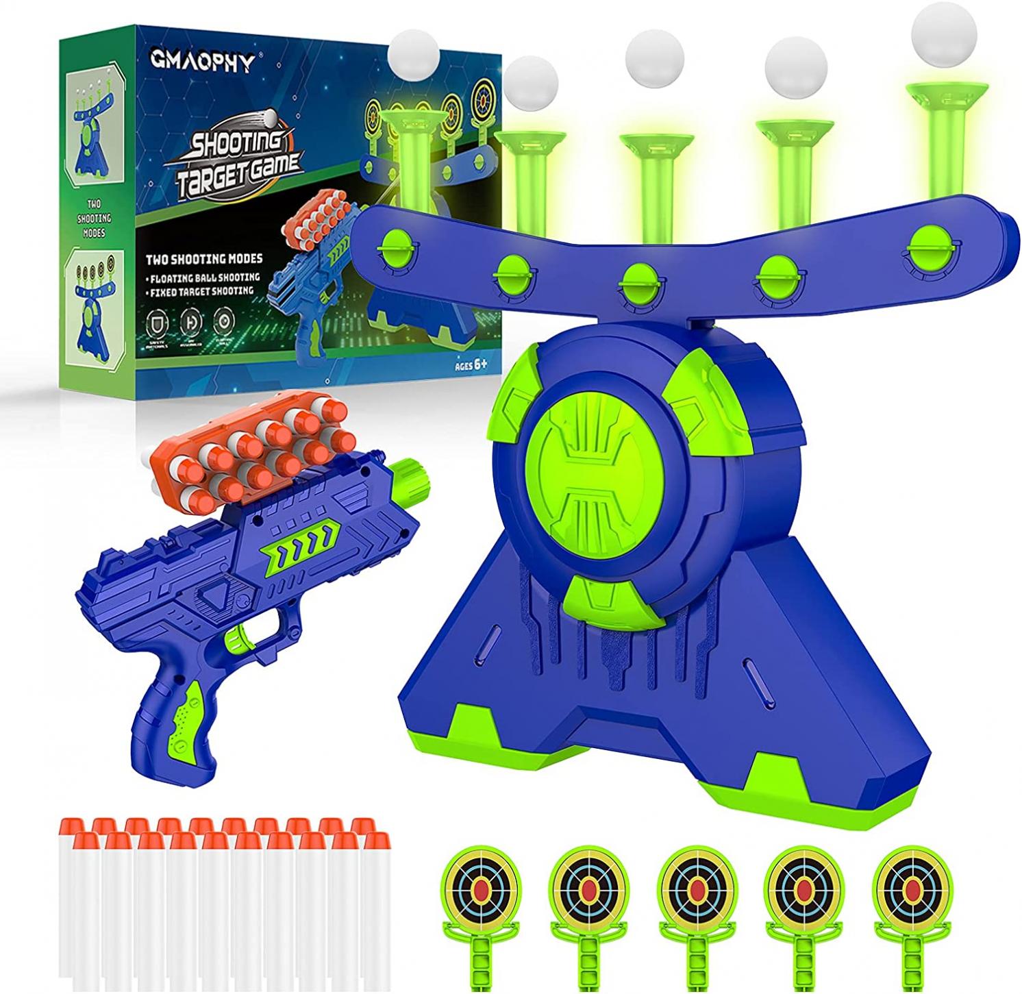 GMAOPHY Shooting Games Toy Gift for Age 5, 6, 7, 8, 9, 10+ Years Old Kids, Glow in The Dark Boy Toy Floating Ball Targets with Foam Dart Toy Blaster, 10 Balls 5 Targets