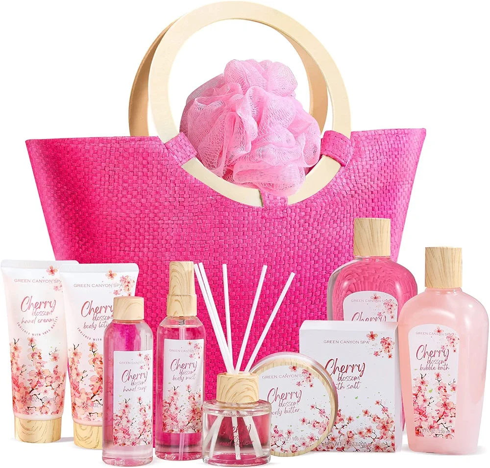 Green Canyon Spa Bath Gifts Baskets for Women, 11pcs Cherry Blossom Spa Relaxing Gift Bags Sets with Shower Gel, Body Lotion, Christmas Birthday Anniversary Gift Baskets for Her