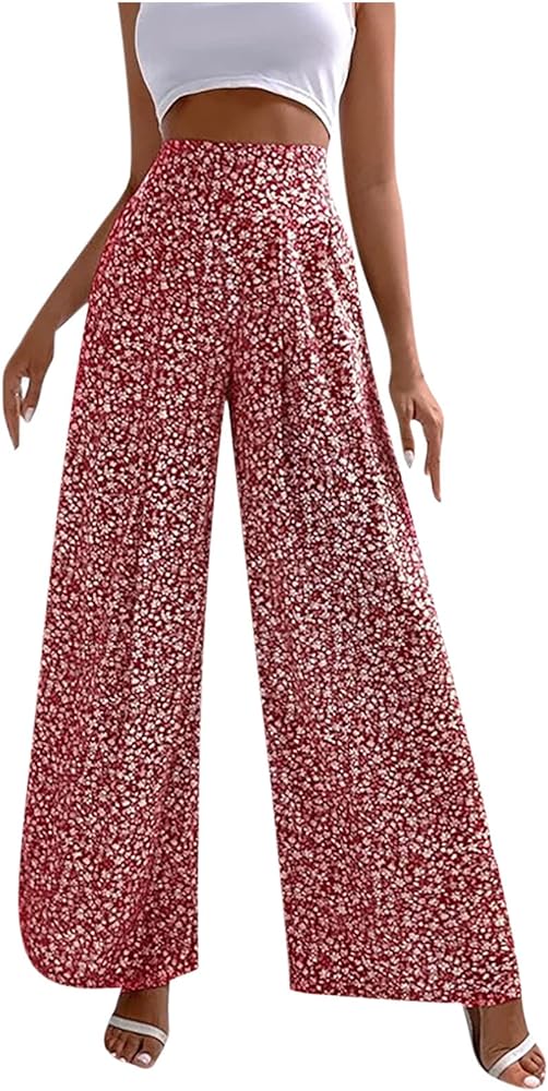 SMIDOW Boho Floral Print Wide Leg Palazzo Pants for Women Casual High Waisted Straight Leg Loose Long Lounge Trousers