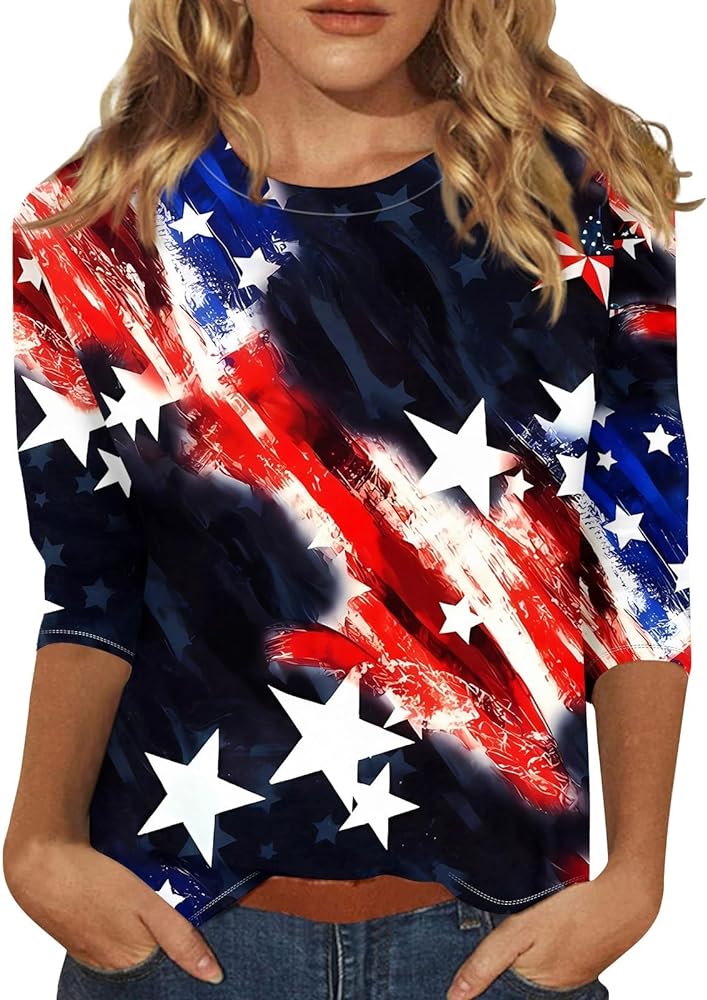 4th of July Outfits for Women 3/4 Sleeve Casual Independence Day Shirts Funny Trendy Holiday Tops