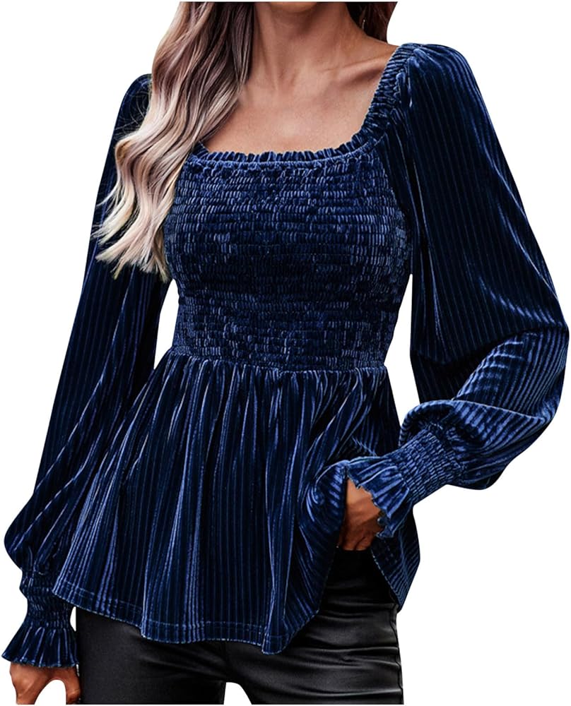 Women's Corduroy Long Sleeve Shirts Elastic Blouse Square Neck Tops Sweaters Puff Sleeve/Lantern Sleeve Elegant Tunic Tops