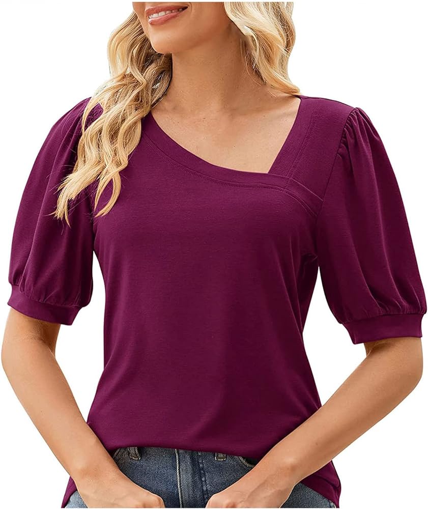 SMIDOW Short Puff Sleeve Tops for Women Dressy 2023 Summer Notch v Neck Shirts Solid Loose Business Casual Tunic Blouse