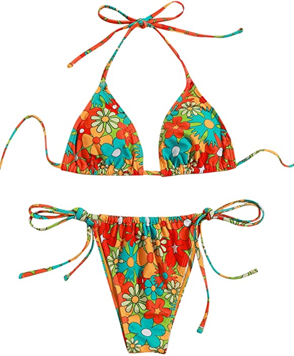 SOLY HUX Women's Floral Print Halter Triangle Tie Side Bikini Set Two Piece Swimsuits