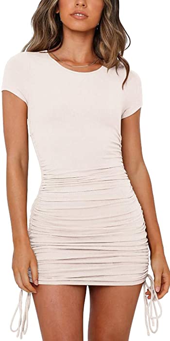 NENONA Women's Short Sleeve Summer Ruched Bodycon Mini Dress Side Drawstring Clubwear Casual Dresses