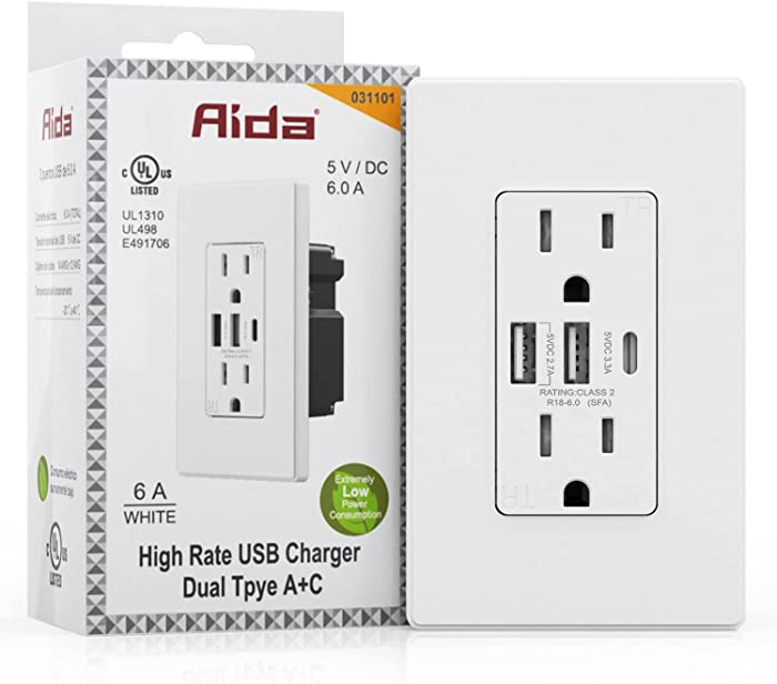 AIDA USB C Outlet Receptacle, 30W 6.0Amp Type A and Type C Fast Charge USB Outlets with 15Amp Tamper Resistant Wall Outlet ( White, 1 Pack )