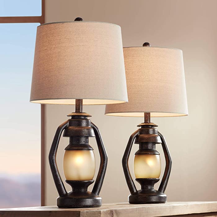 Horace Rustic Farmhouse Table Lamps 25.25" High Set of 2 with Nightlight Miner Lantern Brown Oatmeal Tapered Drum Shade for Living Room Bedroom House Bedside Nightstand Home - Franklin Iron Works
