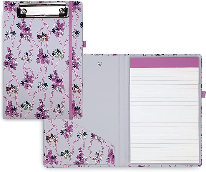 Vera Bradley Pink Floral Mini Clipboard Folio with Refillable 9"x6" Lined Notepad, Interior Pocket, and Pen Loop, Hope Blooms