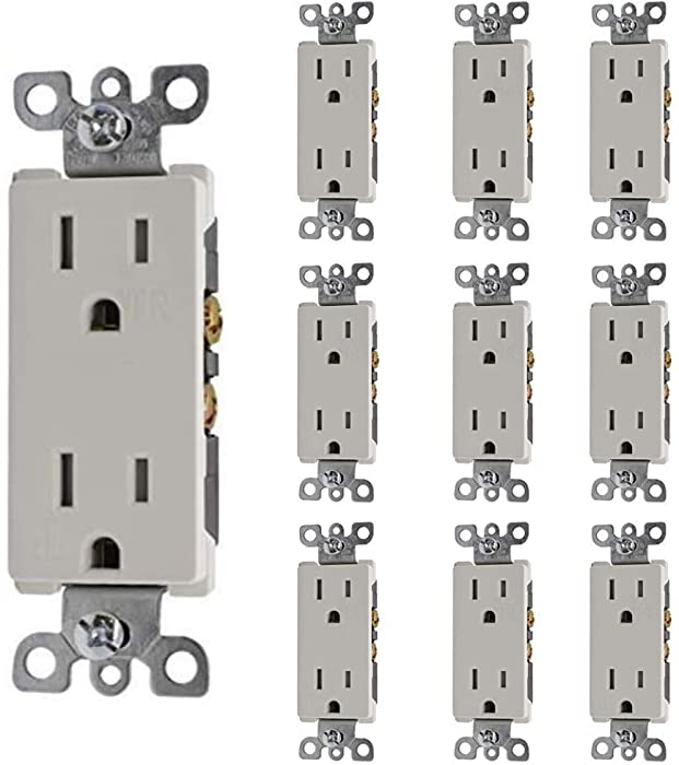 Duralec 10 Pack 15A Decorator Wall Receptacle, Tamper Resistant Outlet, Residential Grade, 3-Wire, Self-Grounding, 2-Pole, 15A 125V UL/DLC Premium Listed (201201-White)