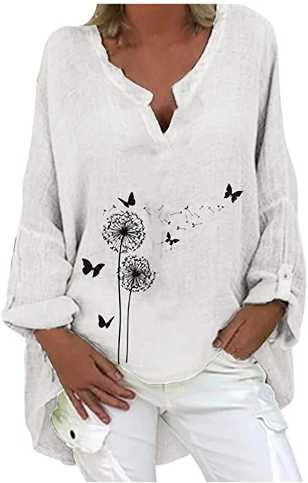 SNKSDGM Womens Cotton Linen Shirts Boho Printed Roll Up Long Sleeve Summer T-Shirt Blouse Loose Fit V Neck Tunic Tees S-5XL