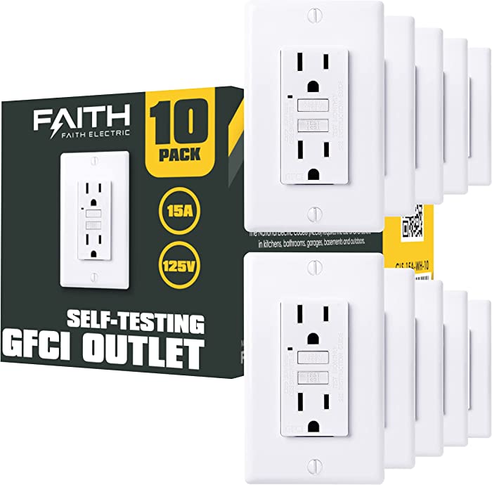 Faith [10-Pack] 15A GFCI Outlets, Non-Tamper-Resistant GFI Duplex Receptacles with LED Indicator, Self-Test Ground Fault Circuit Interrupter with Wall Plate, ETL Listed, White, 10 Piece