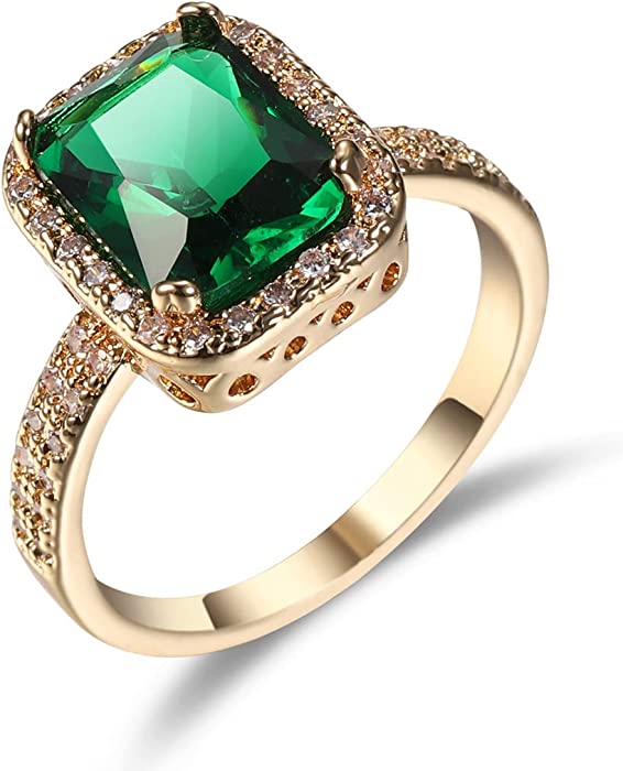 DCFSHEE Women's Classic Yellow Gold Plated Green Simulated Emerald Cocktail Solitaire Rings, Engagement Ring with Emerald Cut Gemstones CZ Birthstone Jewelery (US size 7)