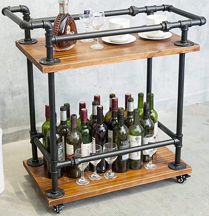Industrial Bar Carts/Serving Carts/Kitchen Carts/Wine Rack Carts on Wheels with Storage - Industrial Rolling Carts - Wine Tea Liquor Shelves/Holder - Solid Wood and Metal Home Furniture