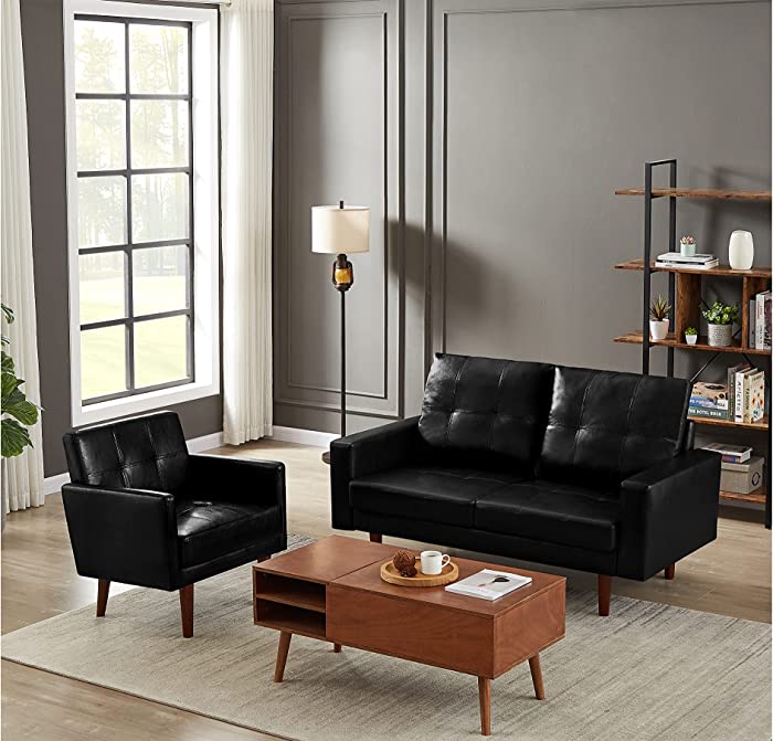 Zushule Faux Leather Couch and Chair Set for Living Room - Mid Century Modern Furniture Sets - Comfy Couches and Chairs - Accent Armchair and Love Seat (Black, Chair+Love Seat)