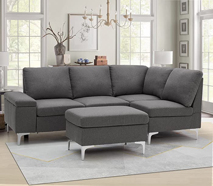 Esright Right Facing Sectional Sofa with Ottoman,Convertible Corner Couches with Armrest Storage, Sectional Couch for Living Room & Apartment, Right Chaise & Gray