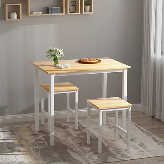 AWQM 3 Piece Dining Table Set, Small Kitchen Table and 2 Stools, Kitchen Breakfast Dining Table Set, Breakfast Table of 35.43 x 23.62 x 29.92 inches, Stools of 13.8 x 13.8 x 17.8 inches, Beige