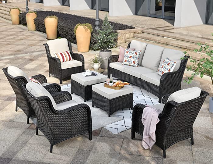 XIZZI Outdoor Furniture Patio Furniture Set 7 Pieces All Weather Wicker Patio Conversation with High Back Sofa Sectional and 2 Ottomans for Garden,Backyard and Deck,Brown Wicker Beige Cushion