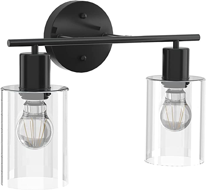 2-Light Bathroom Vanity Light Fixture, Matte Black Vanity Light Fixtures Over Mirror, Modern Bathroom Light Fixtures, Metal Wall Sconce Lighting Indoor with Clear Glass Shades for Bathroom, Bedroom