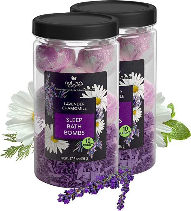 Nature’s Beauty Lavender Chamomile Sleep Bath Bomb Gift Set | Relax + Sleep Well with Scented Bath Bombs Made with Coconut Oil + Witch Hazel - 2-Pack, 10 Count ea
