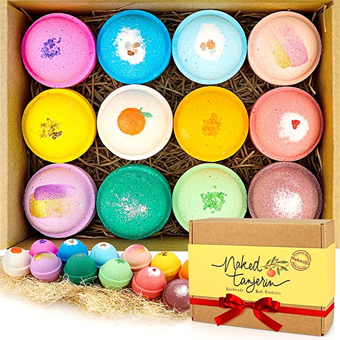 Naked Tanjerin Bath Bombs USA Made Natural Premium Gift Set 12. Fizzies & Bubbles to Relax in Bathtub. Moisturize Dry Skin. Fresh Handmade Spa Gift Ideas for Women/Men, Girlfriend, Wife, Mother