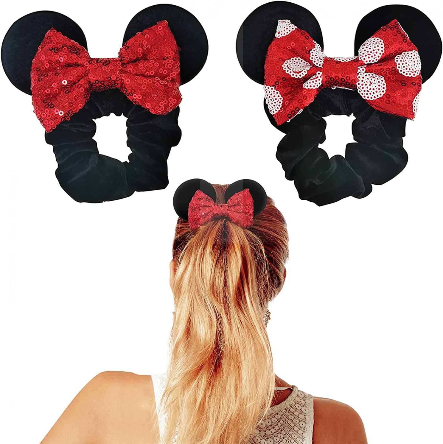 Styla Hair 2 Pack Mouse Ear Scrunchies for Kids Velvet Hair Bow Scrunchies for Women - Sparkle Sequins Mouse Hair Bands for Pony Tail - Red & Black