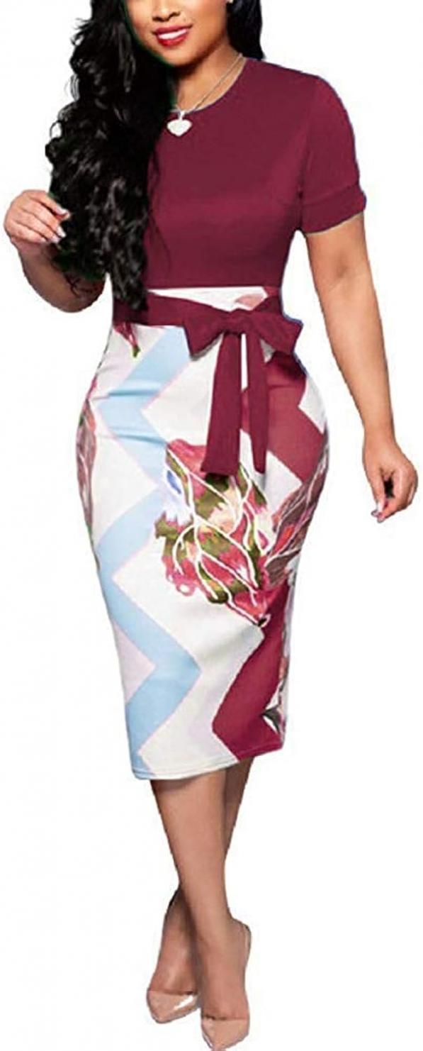 Women's Bodycon Dress Midi Work Casual Floral Prints Pencil Dresses with Belt
