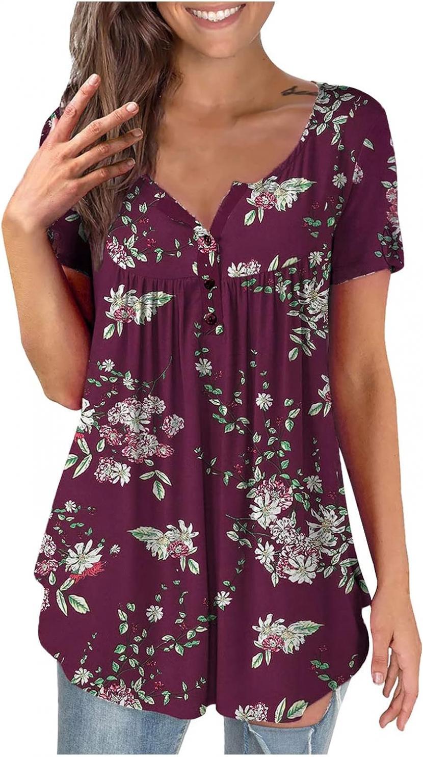 Womens Flowy Tops Henley Button Down Shirts Floral Short Sleeve Blouses Dressy Casual 2023 Summer Tunic Tops