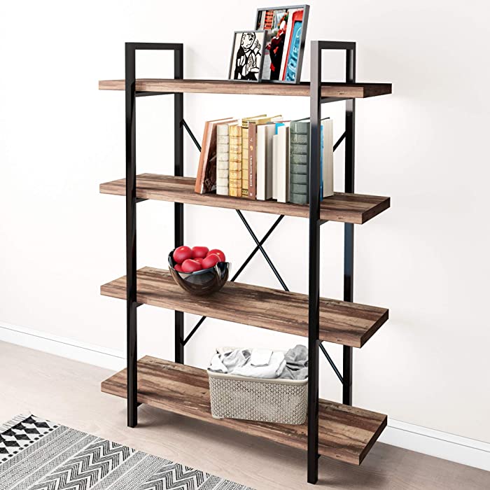 45MinST 4-Tier Vintage Industrial Style Bookcase/Metal and Wood Bookshelf Furniture for Collection,Vintage Brown, 3/4/5 Tier (4-Tier)
