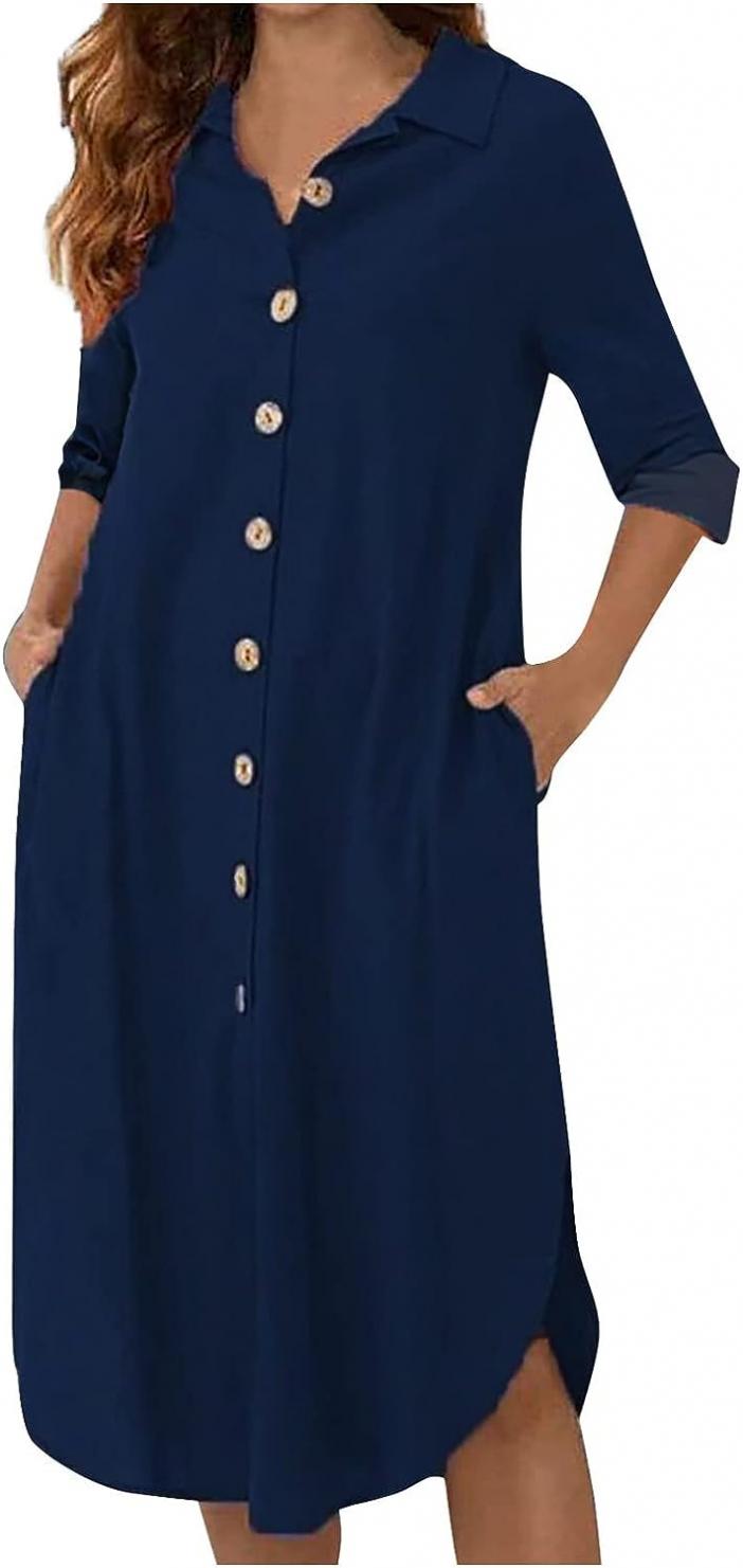 QUFECH Women's Dresses 2022 Solid Color Loose Long Sleeves Pocket O-Neck Shirt Dress Shirt Dress Fall Clothes