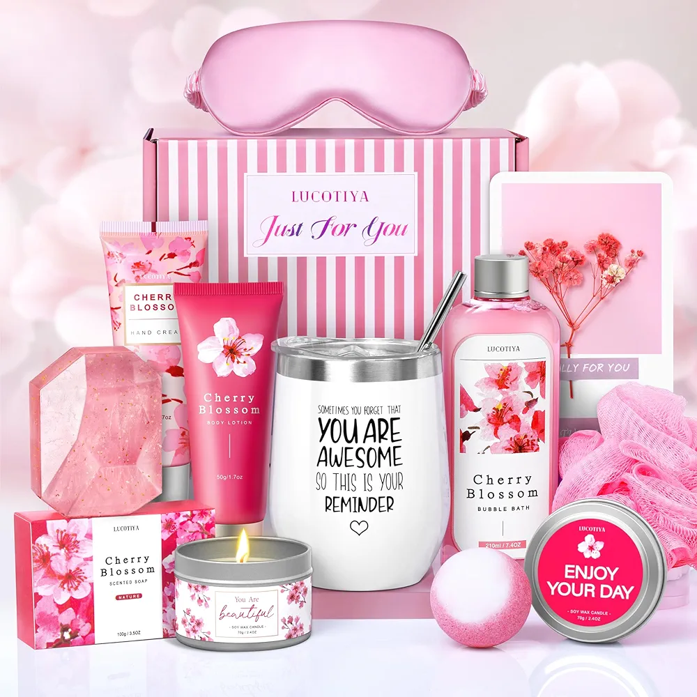 Gifts for Women Birthday Gifts for Women, Bath and Body Works Gift Set with 10 Pcs Mother's Day Gifts and Cherry Blossoms Self Care Package Gift Women, Relaxing Spa Gift Basket for Women