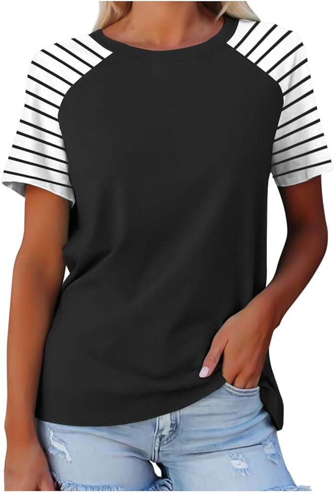 Women Summer 2024 Fashion Checkered Printed Short Sleeve Shirt Casual Round Neck T-Shirt Basic Tee Tops
