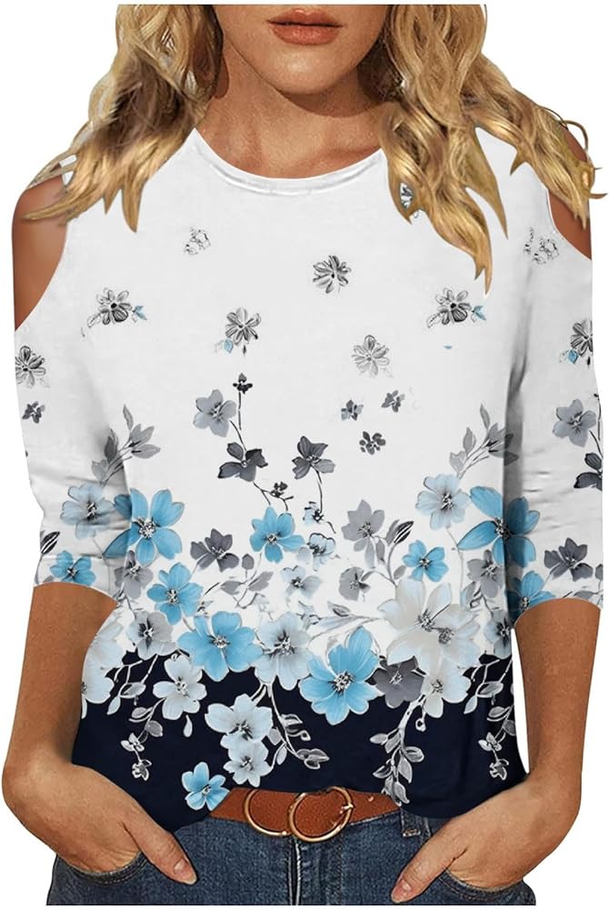 3/4 Length Sleeve Womens Tops Plus Size Crewneck Shirts Sexy Cold Shoulder Tunic Summer Vacation Floral Trendy Tops 2024