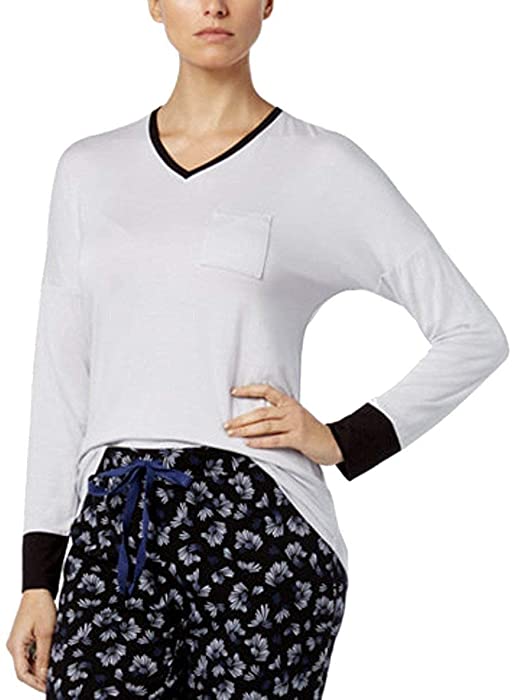 Alfani Womens Colorblock Contrast-Cuff Pajama Top