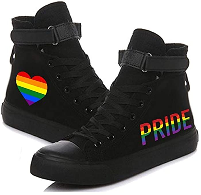 Unisex Adult Rainbow Stripe Heart and June Pride LGBT Printed Canvas Shoes Lace Up Sneakers Tennis