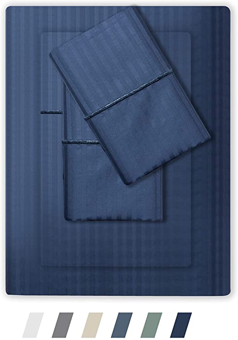 Feather & Stitch 500 Thread Count King Size Cotton Sheets 4 Piece Damask Stripe Sheet Set 18 Inch Deep Pocket Sateen Weave Striped Sheets with 2 Pillowcases Luxury Bedding Dark Blue