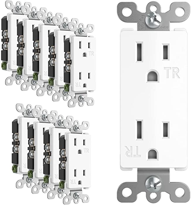 TaniaWiring 10 Pack Decorator Wall Outlet, Tamper-Resistant Receptacle, Residential Grade, 15A 125V, Grounding, 2-Pole, 3-Wire - White, UL Listed