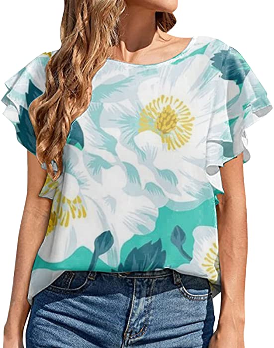 Womens Summer Ruffle Short Sleeve Chiffon Tops Loose Casual Floral Print Scoop Neck T-Shirts Tunic Ladies Work Blouses