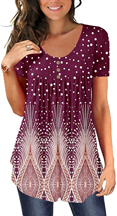 BeadChica Women's Casual Tunic Tops To Wear With Leggings Short Sleeve Loose Henley Blouses Flowy Botton Up TShirts