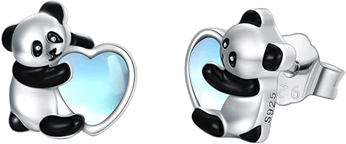 LELOUCHY Panda Heart Moonstone Stud Earrings 925 Sterling Silver Hypoallergenic Panda Earrings Jewelery for Women Girls