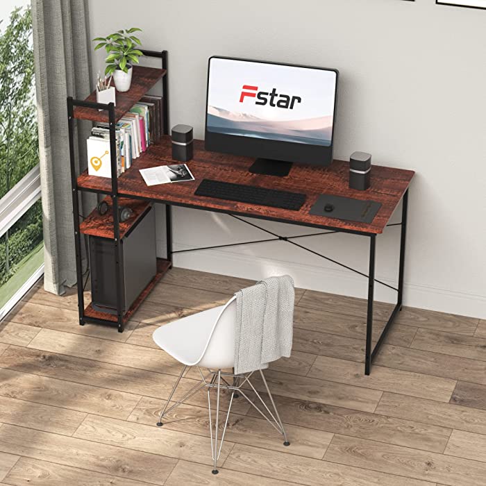 FSTAR Computer Desk with 4 Tiers Storage Shelves for Home Office Bedroom, 47 inch Writing Study Table with Reversible Bookshelf Gaming Desk for Computer Tower, Sandalwood